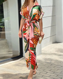 Women's Abstract Maxi Dress – Collar Short Sleeve Button Down Tie Waist