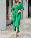 Women's Abstract Maxi Dress – Collar Short Sleeve Button Down Tie Waist
