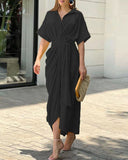 Women's Abstract Maxi Dress – Collar Short Sleeve Button Down Tie Waist
