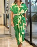 Women's Abstract Maxi Dress – Collar Short Sleeve Button Down Tie Waist