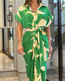 Women's Abstract Maxi Dress – Collar Short Sleeve Button Down Tie Waist