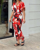 Women's Abstract Maxi Dress – Collar Short Sleeve Button Down Tie Waist