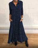 Women's Abstract Print Maxi Dress – Shirt Collar Button Front Three Quarter Pockets