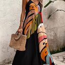 Women's Abstract Print Maxi Dress – V Neck Sleeveless Spaghetti Strap Beach Summer