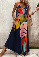 Women's Abstract Print Maxi Dress – V Neck Sleeveless Spaghetti Strap Beach Summer