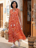 Women's Abstract Print Maxi Dress – V Neck Sleeveless Tiered Tassel Summer