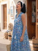 Women's Abstract Print Maxi Dress – V Neck Sleeveless Tiered Tassel Summer