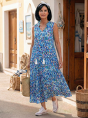 Women's Abstract Print Maxi Dress – V Neck Sleeveless Tiered Tassel Summer