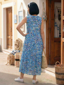 Women's Abstract Print Maxi Dress – V Neck Sleeveless Tiered Tassel Summer