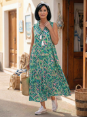 Women's Abstract Print Maxi Dress – V Neck Sleeveless Tiered Tassel Summer