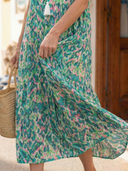 Women's Abstract Print Maxi Dress – V Neck Sleeveless Tiered Tassel Summer