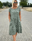 Women's Abstract Print Midi Dress – Round Neck Cap Sleeve Pockets Summer Dress