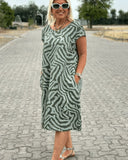 Women's Abstract Print Midi Dress – Round Neck Cap Sleeve Pockets Summer Dress