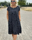 Women's Abstract Print Midi Dress – Round Neck Cap Sleeve Pockets Summer Dress