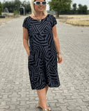 Women's Abstract Print Midi Dress – Round Neck Cap Sleeve Pockets Summer Dress