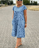 Women's Abstract Print Midi Dress – Round Neck Cap Sleeve Pockets Summer Dress