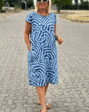 Women's Abstract Print Midi Dress – Round Neck Cap Sleeve Pockets Summer Dress