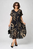 Women's Abstract Print Midi Dress – V Neck Short Sleeve Chiffon Overlay Swing Dress