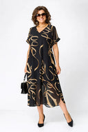 Women's Abstract Print Midi Dress – V Neck Short Sleeve Chiffon Overlay Swing Dress