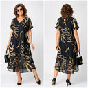 Women's Abstract Print Midi Dress – V Neck Short Sleeve Chiffon Overlay Swing Dress