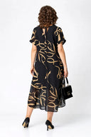 Women's Abstract Print Midi Dress – V Neck Short Sleeve Chiffon Overlay Swing Dress