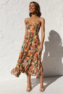 Women's Abstract Print Midi Dress – V Neck Spaghetti Strap Ruffle Hem Summer Dress