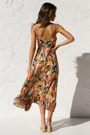 Women's Abstract Print Midi Dress – V Neck Spaghetti Strap Ruffle Hem Summer Dress