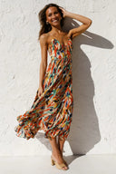 Women's Abstract Print Midi Dress – V Neck Spaghetti Strap Ruffle Hem Summer Dress
