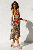 Women's Abstract Print Midi Dress – V Neck Spaghetti Strap Ruffle Hem Summer Dress