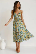 Women's Abstract Print Midi Dress – V Neck Spaghetti Strap Ruffle Hem Summer Dress