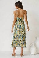 Women's Abstract Print Midi Dress – V Neck Spaghetti Strap Ruffle Hem Summer Dress