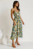Women's Abstract Print Midi Dress – V Neck Spaghetti Strap Ruffle Hem Summer Dress