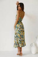 Women's Abstract Print Midi Dress – V Neck Spaghetti Strap Ruffle Hem Summer Dress