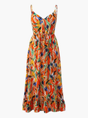 Women's Abstract Print Midi Dress – V Neck Spaghetti Strap Ruffle Hem Summer Dress