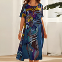 Women's Abstract Print Midi – Scoop Neck Short Sleeve Tiered Casual Summer Dress