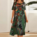 Women's Abstract Print Midi – Scoop Neck Short Sleeve Tiered Casual Summer Dress
