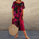 Women's Abstract Print Midi – Scoop Neck Short Sleeve Tiered Casual Summer Dress