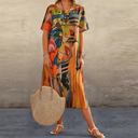 Women's Abstract Print Midi – Scoop Neck Short Sleeve Tiered Casual Summer Dress