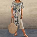 Women's Abstract Print Midi – Scoop Neck Short Sleeve Tiered Casual Summer Dress