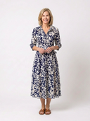 Women's Abstract Print Midi – Shirt Collar Three Quarter Sleeve Dress
