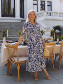 Women's Abstract Print Midi – Shirt Collar Three Quarter Sleeve Dress