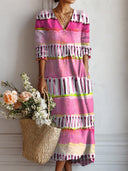 Women's Abstract Print Midi – V Neck 3/4 Sleeve Loose Casual Everyday Dress