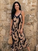 Women's Abstract Print Midi – V Neck Sleeveless Spaghetti Strap Summer Dress