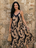 Women's Abstract Print Midi – V Neck Sleeveless Spaghetti Strap Summer Dress