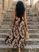 Women's Abstract Print Midi – V Neck Sleeveless Spaghetti Strap Summer Dress