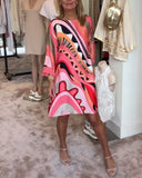 Women's Abstract Print Mini Dress – Round Neck Flared Sleeve Loose Summer Dress