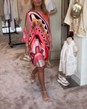 Women's Abstract Print Mini Dress – Round Neck Flared Sleeve Loose Summer Dress