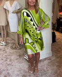 Women's Abstract Print Mini Dress – Round Neck Flared Sleeve Loose Summer Dress