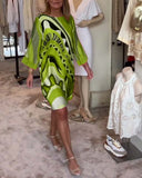 Women's Abstract Print Mini Dress – Round Neck Flared Sleeve Loose Summer Dress