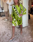 Women's Abstract Print Mini Dress – Round Neck Flared Sleeve Loose Summer Dress